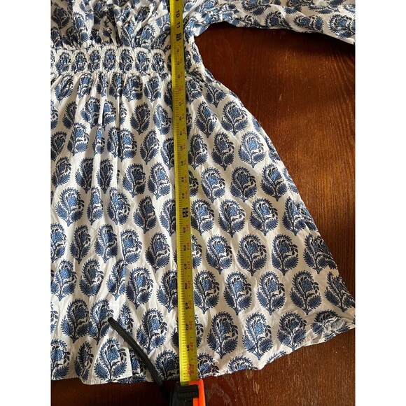 J Crew V Neck Mini Bouquet Block Print Blue White Lined XS Smocked Dress - Picture 8 of 11